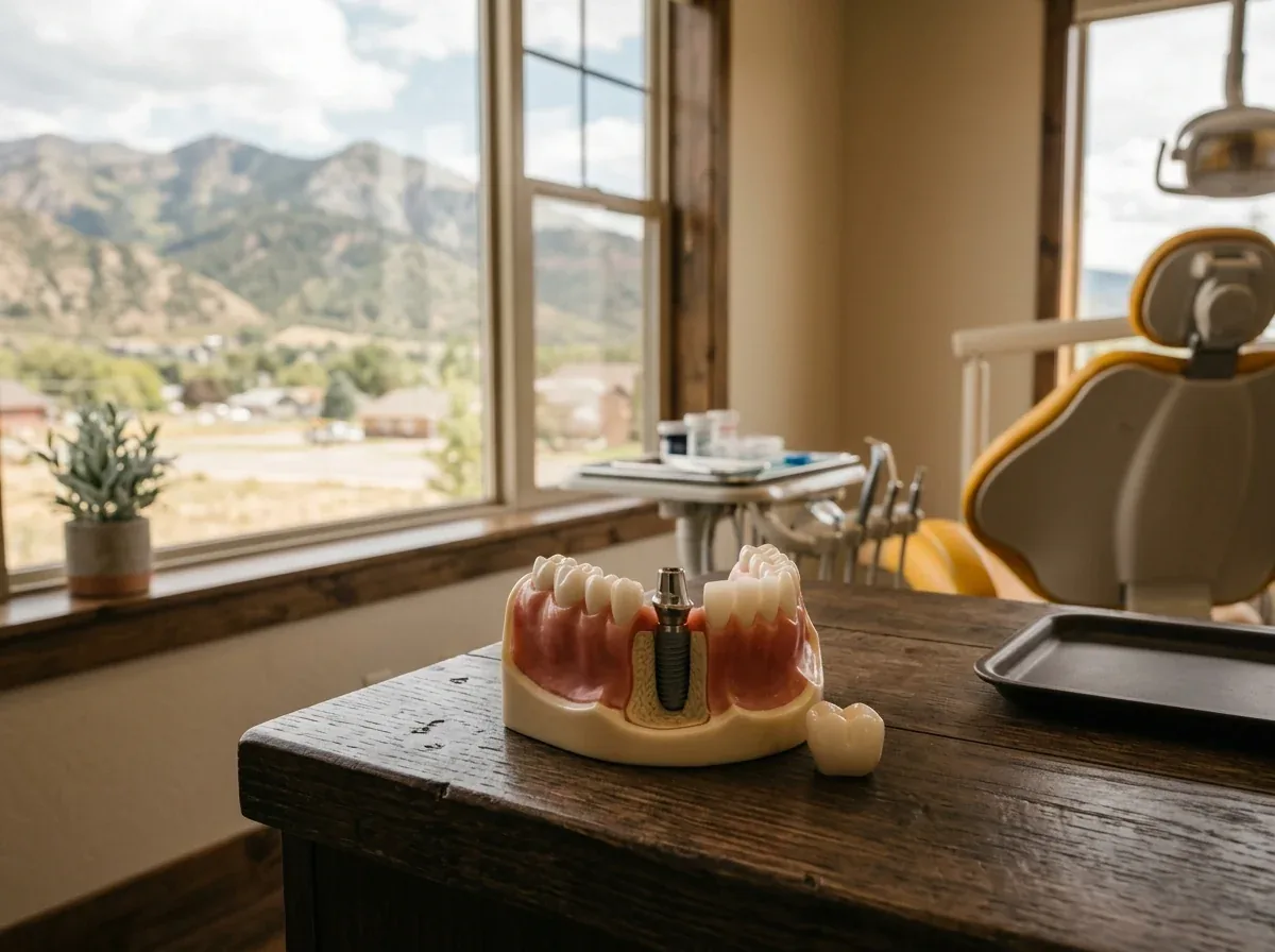 Dental implant model and a crown on a wooden table in a treatment room with a window view of mountains.