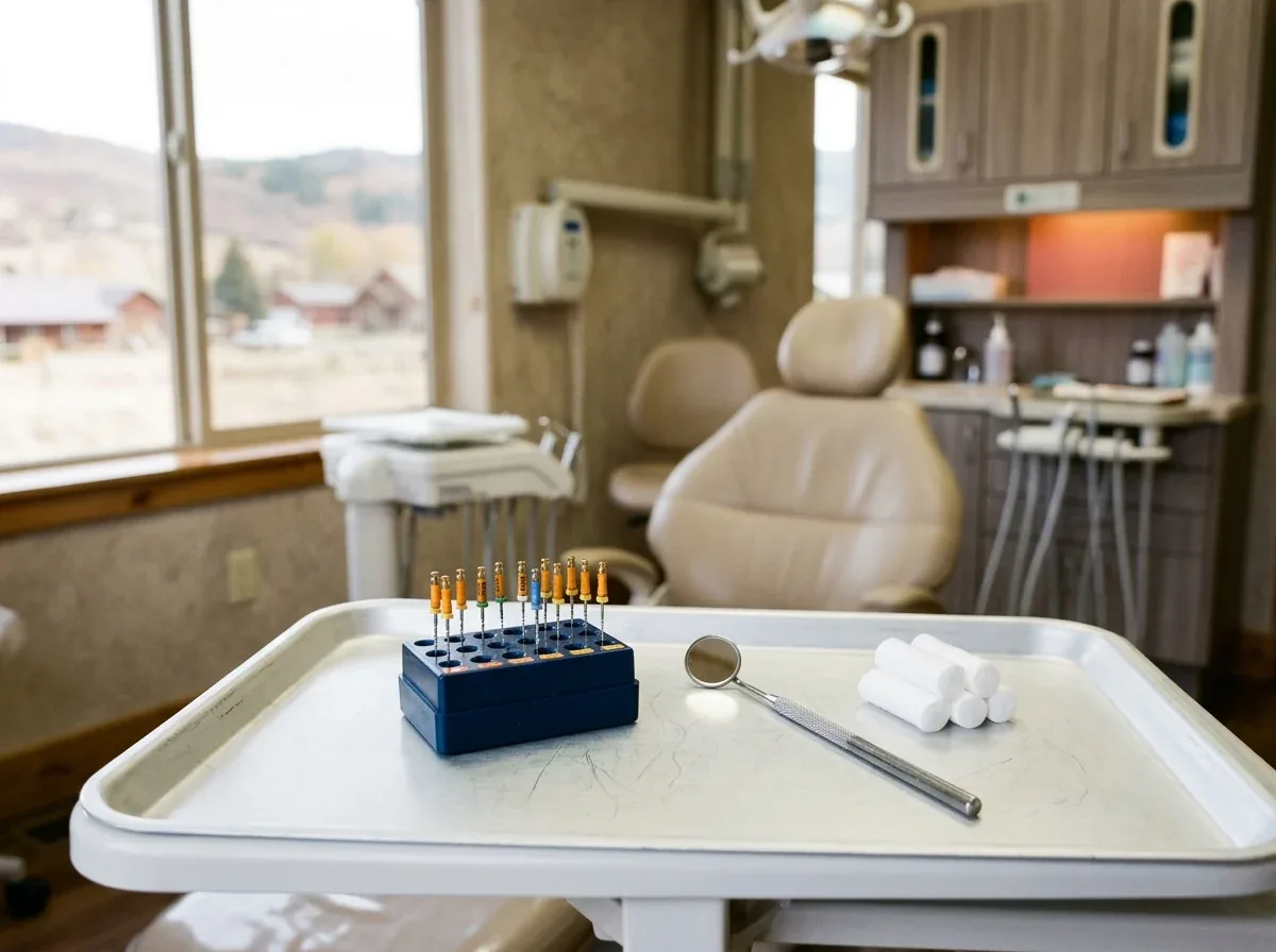 Endodontic files, a mouth mirror, and cotton rolls on a tray in front of a dental chair.