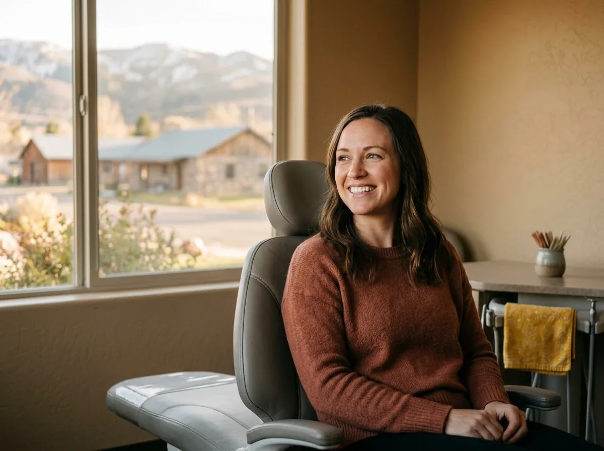 A smiling person sitting in a dental chair next to a large window.